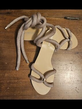 Morgan de Toi Metallic Rose Lace-Up Flat Sandals